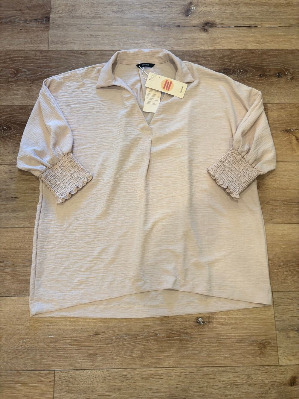 Dokotoo Light Beige V-Neck Textured Blouse with Smocked Cuffs- size L
